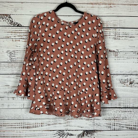 Ann Taylor Tops - Women's Ann Taylor Taupe Career Peplum Bell Sleeve Polka Dot Flowy Blouse Size M